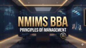 Executive business banner featuring bold, 3D polished gold typography that reads "NMIMS BBA" with a crisp white subtitle reading "PRINCIPLES OF MANAGEMENT" and a gold badge stating "DEC 2026." The background is a luxury dark navy boardroom with subtle holographic management charts and chess pieces.